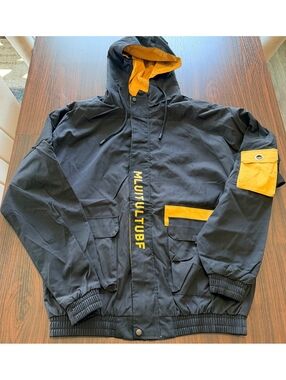 Black Yellow Techwear Hooded Jacket Mens Cargo Pocket Windbreaker Streetwear⁠ M